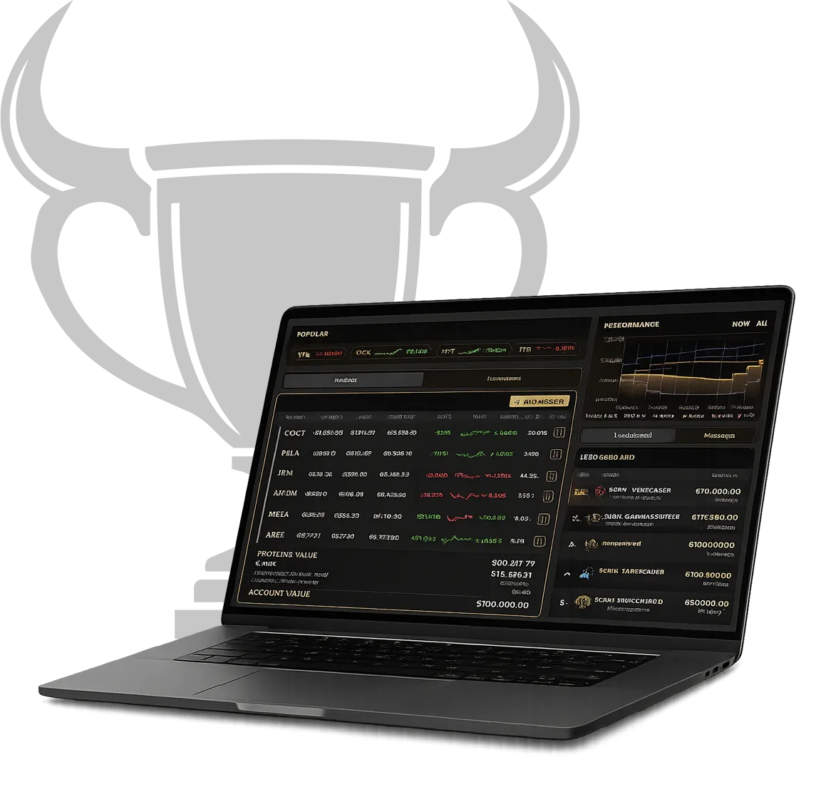 The Wall Street Rivals trader view running on a laptop, with the Rival Cup trophy behind it